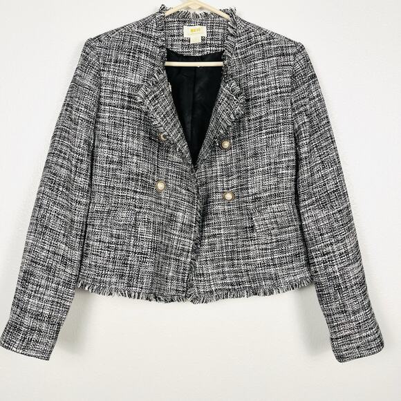Anthropologie sz 4 Tweed Double-Breasted Black/White Pearl Button Blazer Jacket - Picture 8 of 9